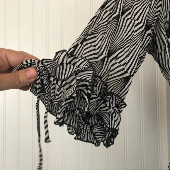 Vintage 90s 2000s Y2K Psychedelic Swirl Black and White Op Art Sexy Sheer Blouse - Picture 7 of 12